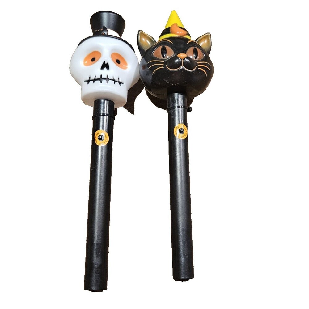Halloween Light Up Wand Lot 2 Skeleton Skull Black Cat Witch Vintage Style